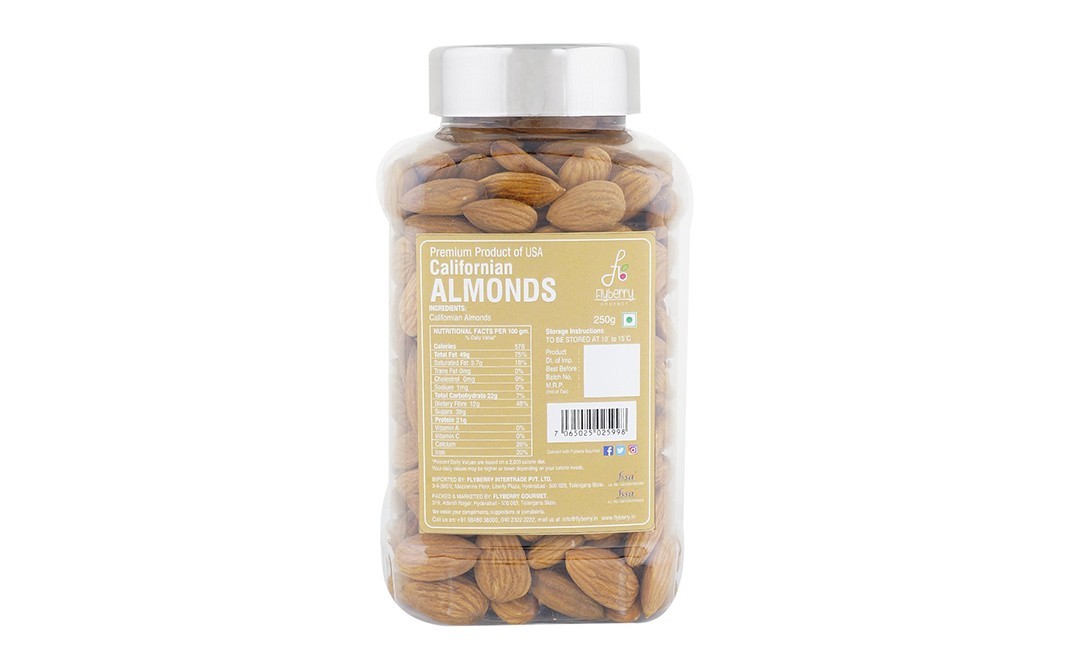 Flyberry Gourmet Californian Almonds    Plastic Jar  250 grams